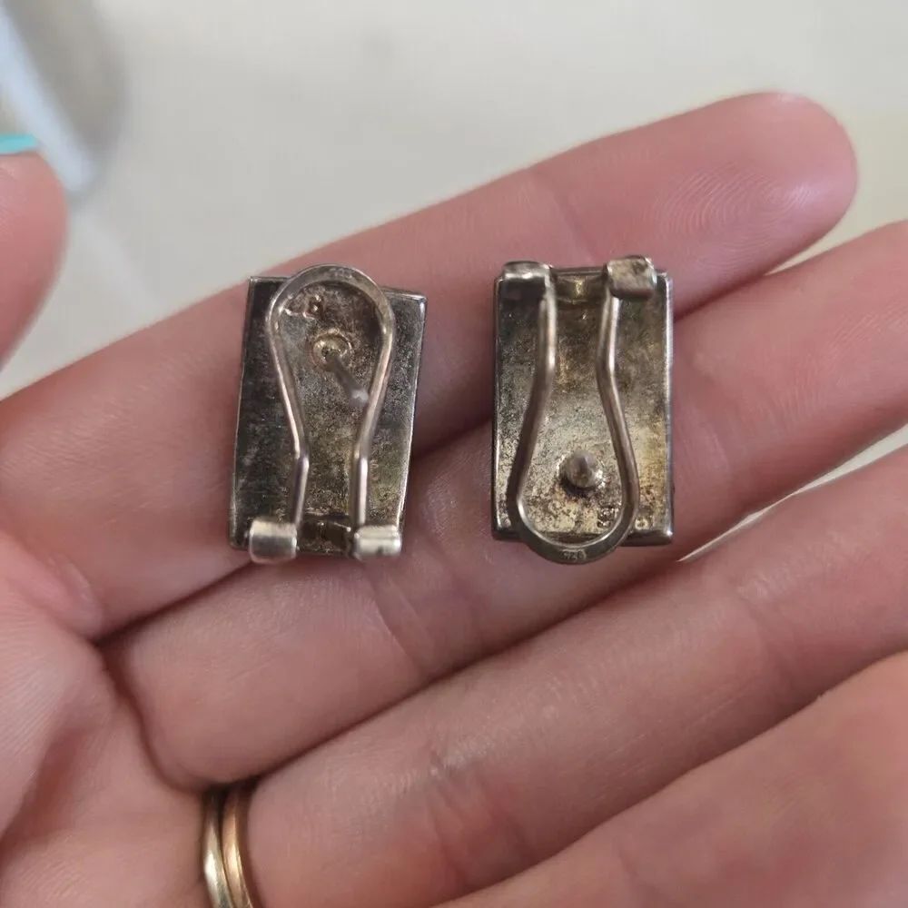 Vintage Sterling 925 Inlay Pastel Blue Pink Yellow Mother Of Pearl Earrings - Picture 4 of 6